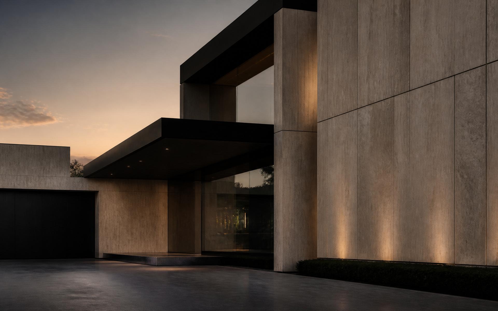 Minimalistische architectuur in steen en glas bij schemering
